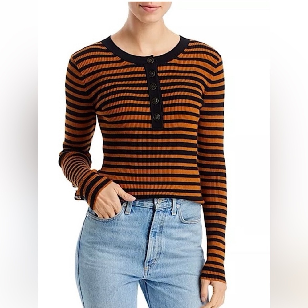 Karl Lagerfeld Womens Ribbed Striped Henley Long Sleeve Sweater XL Thermal